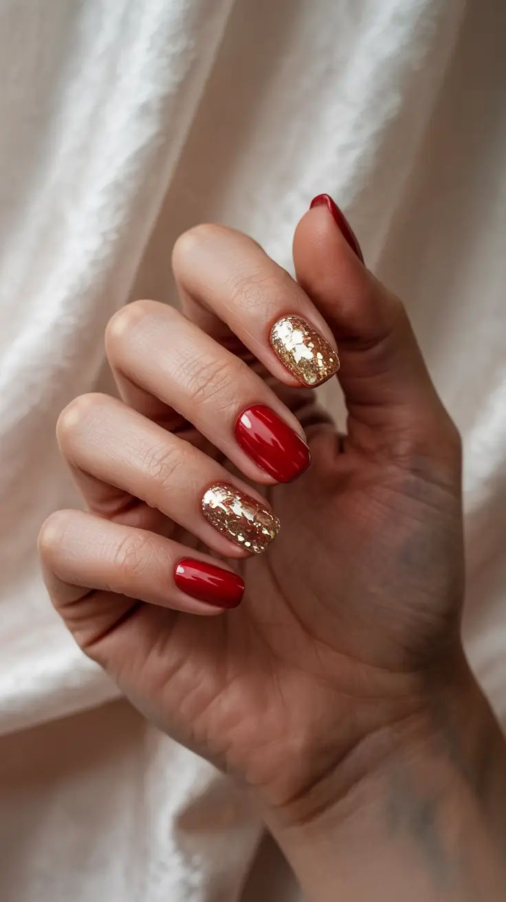 Trendy Red Nails Winter 2025-2026 - Red Lacquer With Gilded Foil Accents