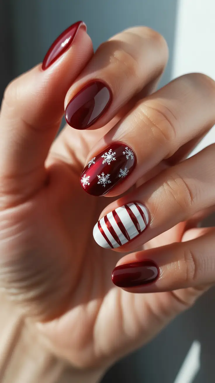 Trendy Red Nails Winter 2025-2026 - Burgundy Almond With Snowflake Decals