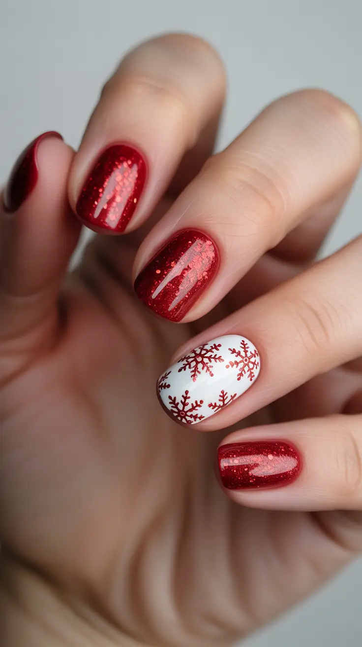 Trendy Red Nails Winter 2025-2026 - Ruby Glitter With Crisp White Snowflakes