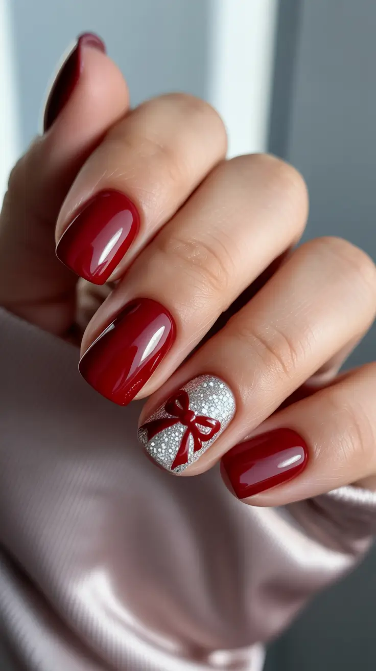 Trendy Red Nails Winter 2025-2026 - Glossy Cranberry With Gift-Bow Accent