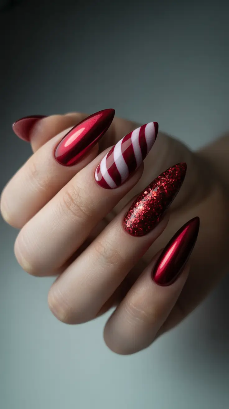 Trendy Red Nails Winter 2025-2026 - Molten Chrome, Candy-Cane Stripe, and Ruby Glitter