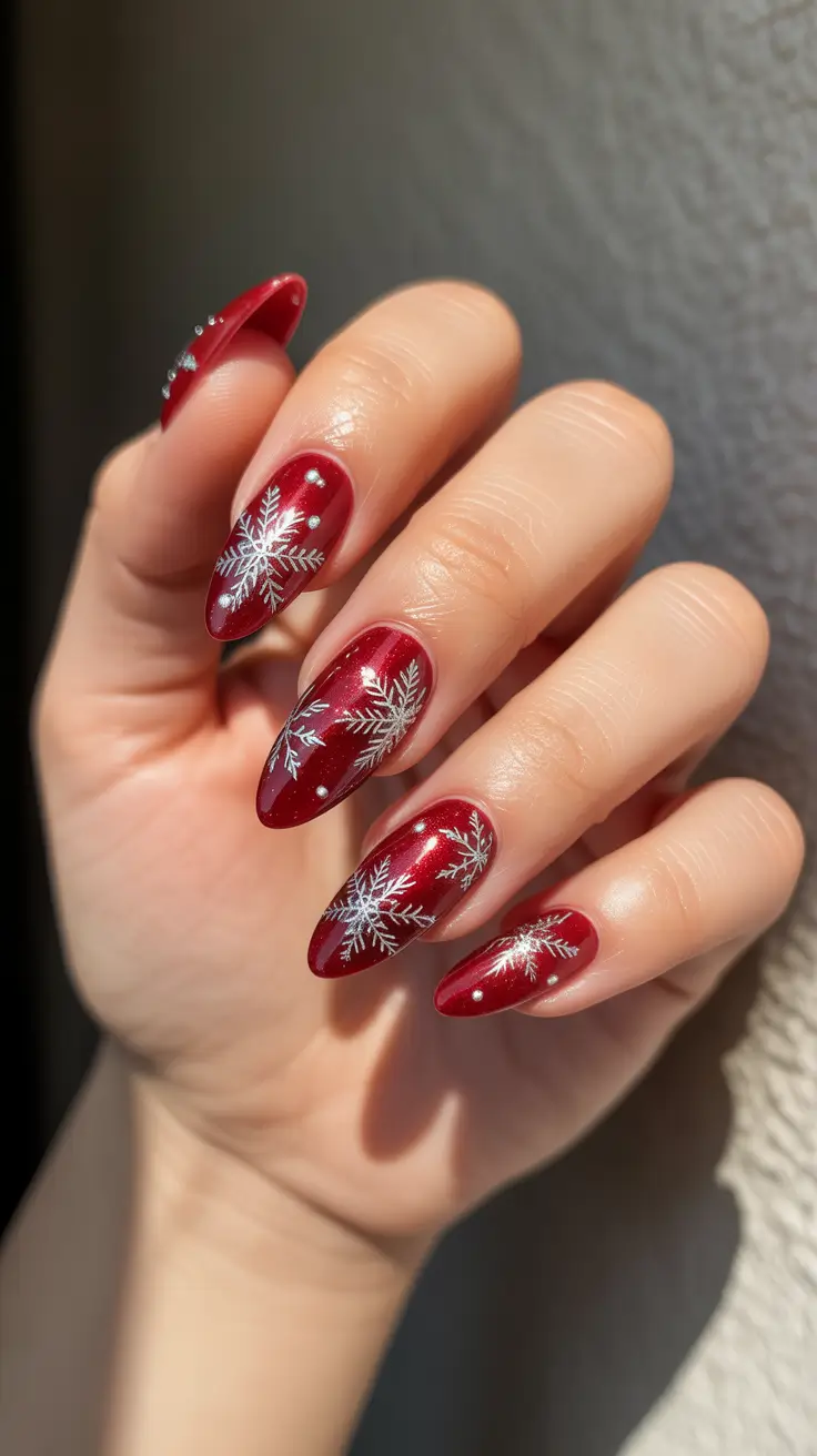 Trendy Red Nails Winter 2025-2026 - Snowy Flakes on Ruby Night