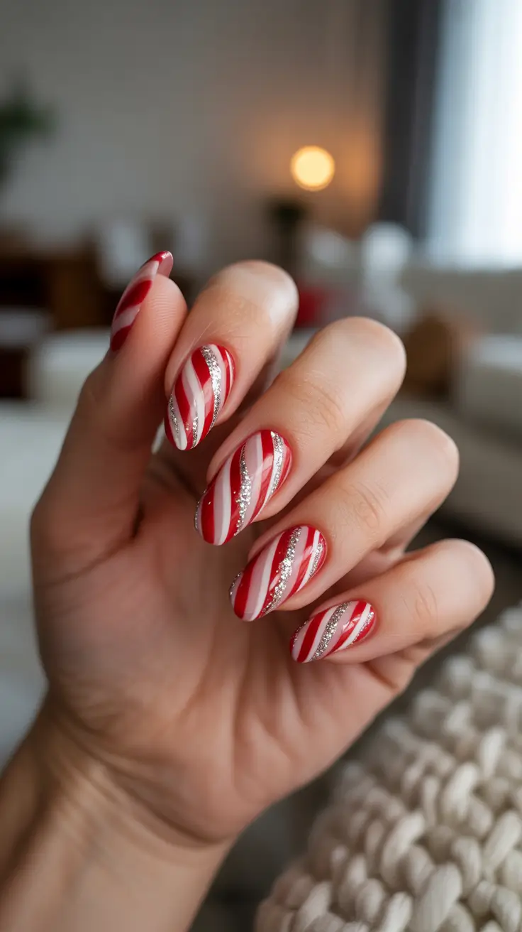 Trendy Red Nails Winter 2025-2026 - Candy-Stripe Swirls With Starlit Glitter