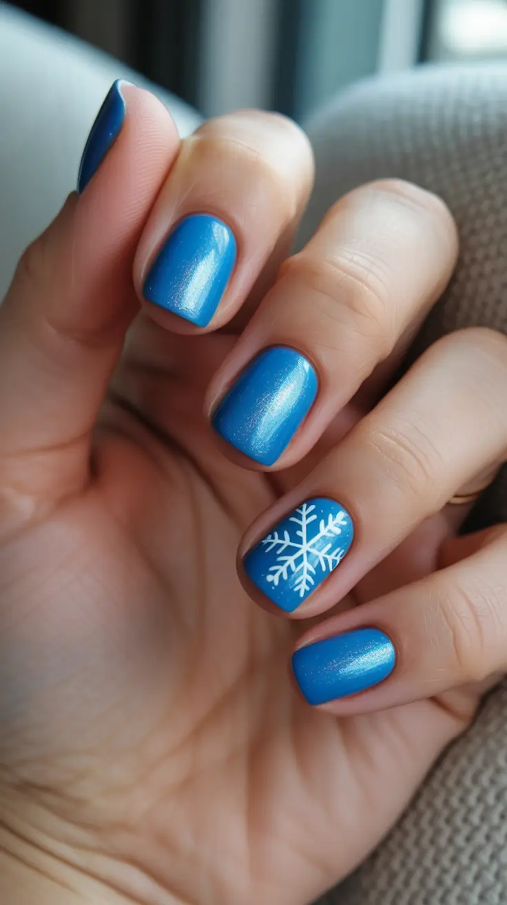 Winter 2025-2026: Short Gel Nails Color and Design - Frosty Blue Glow With a Single Snowflake