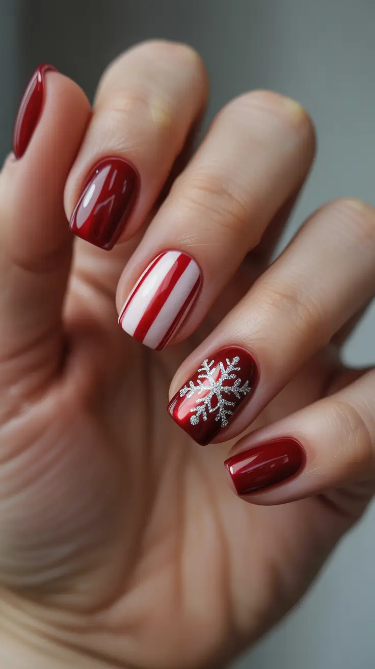 Winter 2025-2026: Short Gel Nails Color and Design - Candy Cane Red With Silver Flake