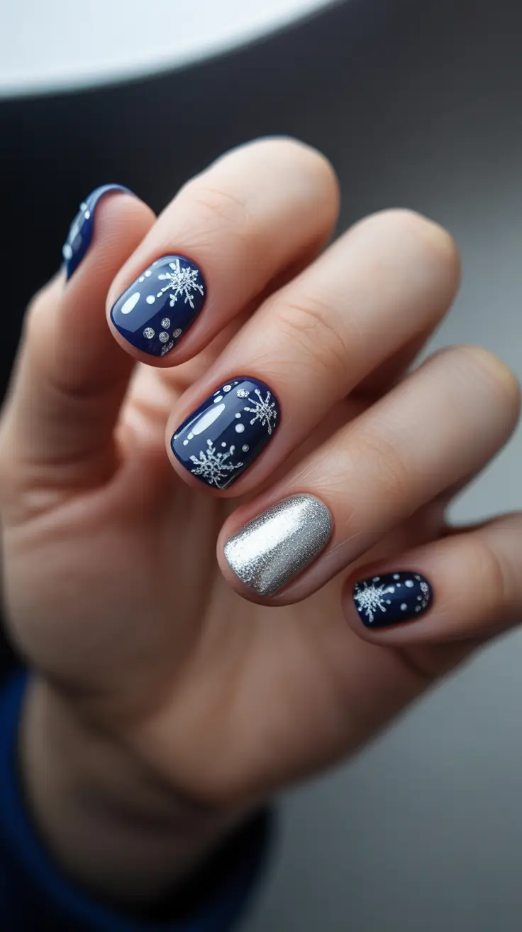 Winter 2025-2026: Short Gel Nails Color and Design - Midnight Snowfall With a Chrome Twist