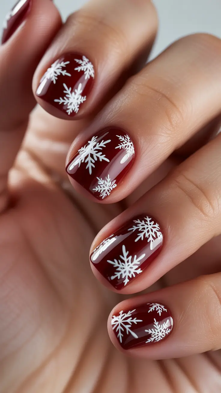 Winter 2025-2026: Short Gel Nails Color and Design - Burgundy Glaze With Scattered Snowflakes