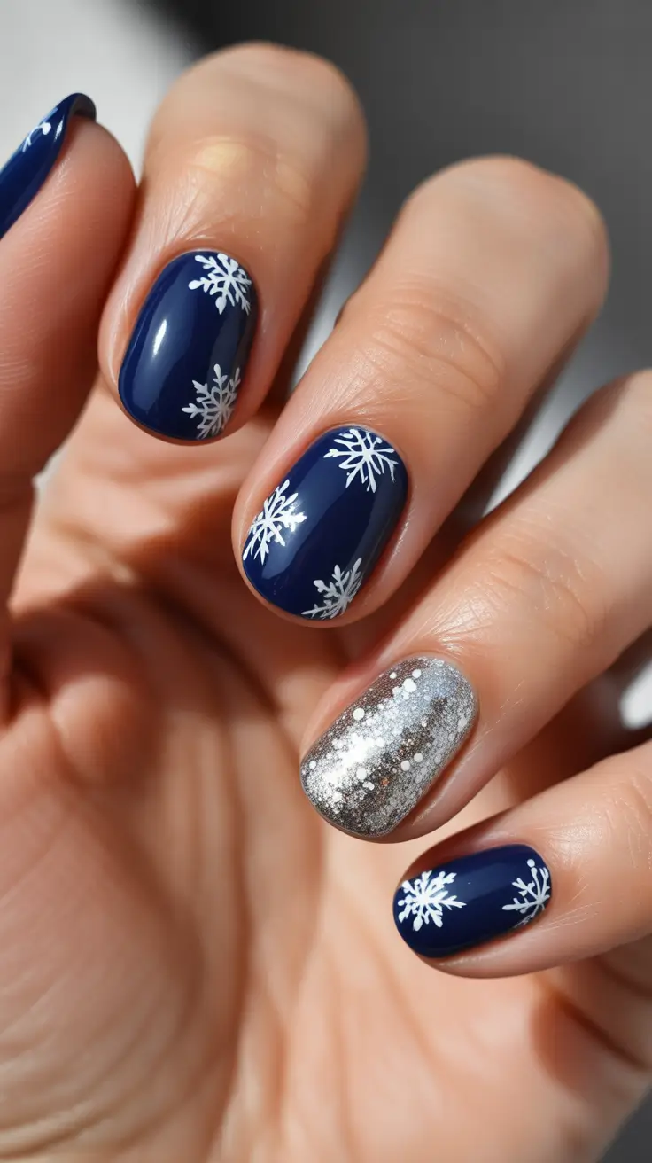 Winter 2025-2026: Short Gel Nails Color and Design - Navy Night With Silver Accent and Frosted Flakes