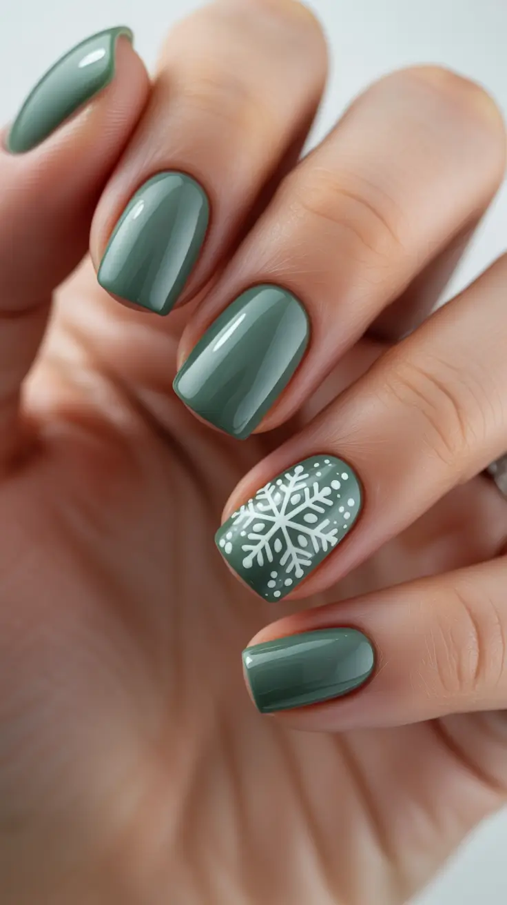 Winter 2025-2026: Short Gel Nails Color and Design - Soft Sage With Single Snowflake Accent