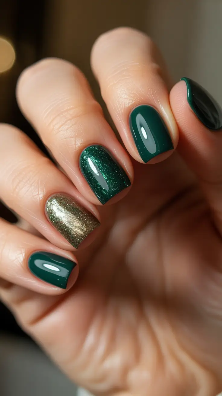 Winter 2025-2026: Short Gel Nails Color and Design - Emerald Mix With Gilded and Shimmer Accents