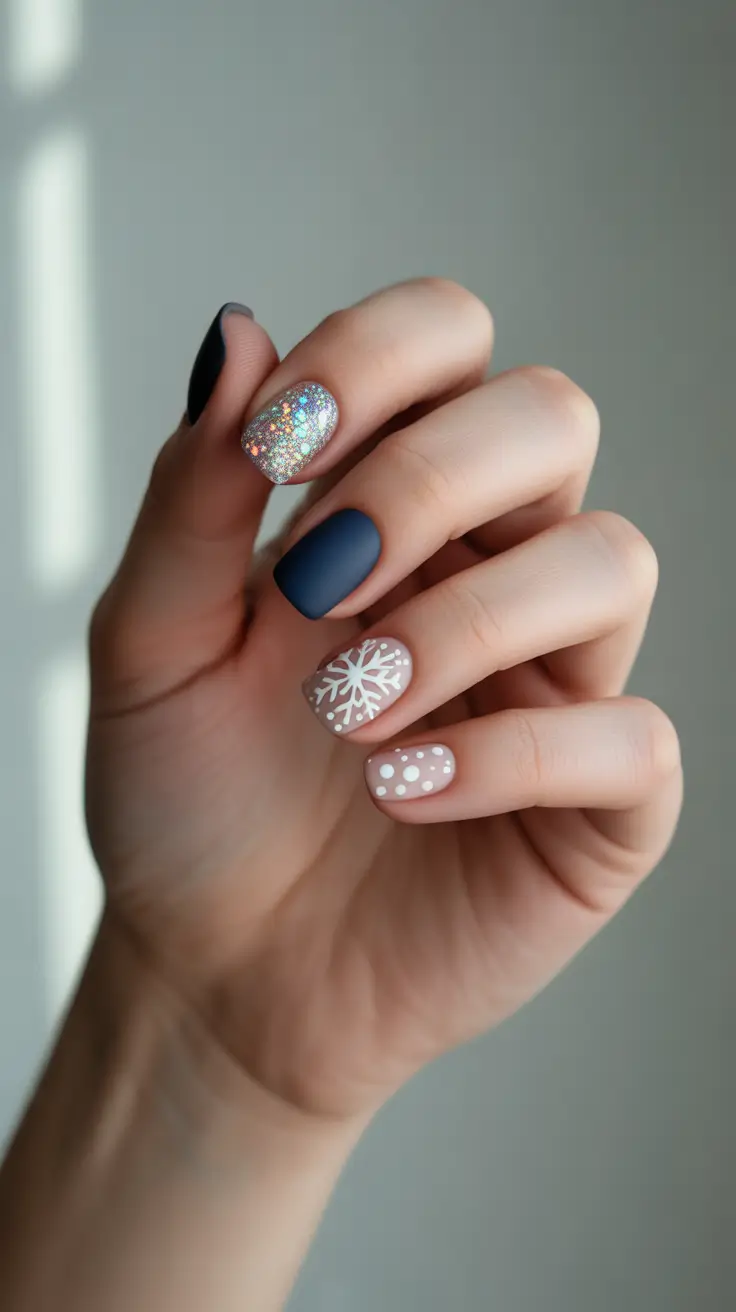 Winter 2025-2026: Short Gel Nails Color and Design - Matte Navy Mix With Soft Neutrals and Holographic Pop