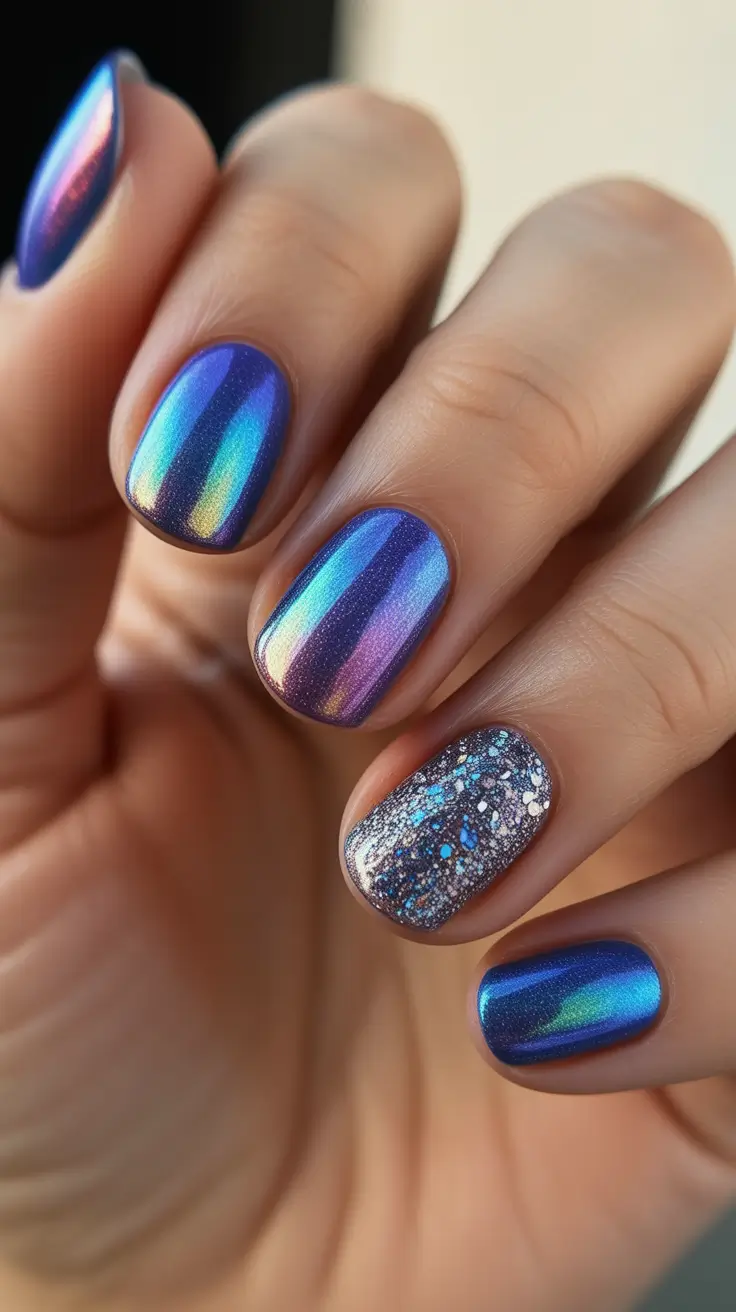 Winter 2025-2026: Short Gel Nails Color and Design - Aurora Chrome Blues With Confetti Accent