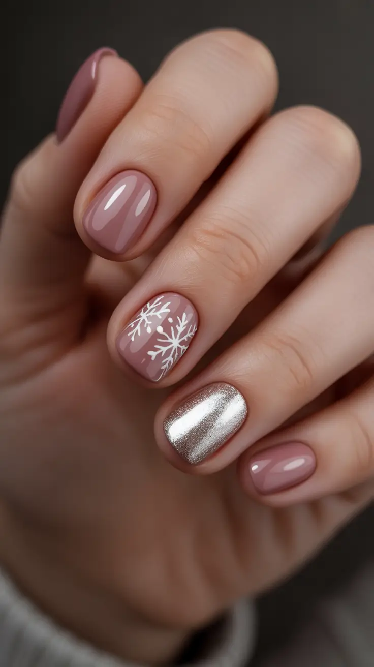 Winter 2025-2026: Short Gel Nails Color and Design - Rosy Nude With Snowflake and Champagne Chrome