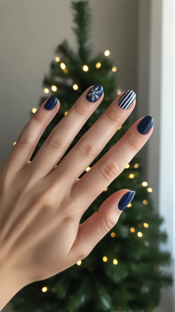 Winter 2025-2026: Short Gel Nails Color and Design - Inky Navy Stripes With a Single Snowflake - Short Almond
