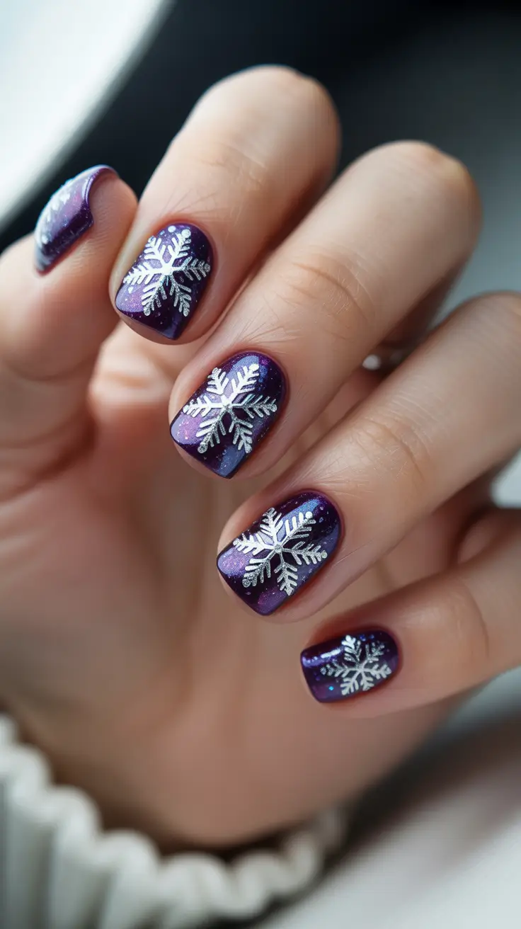 Winter 2025-2026: Short Gel Nails Color and Design - Galaxy Plum With Shimmering Snowflakes