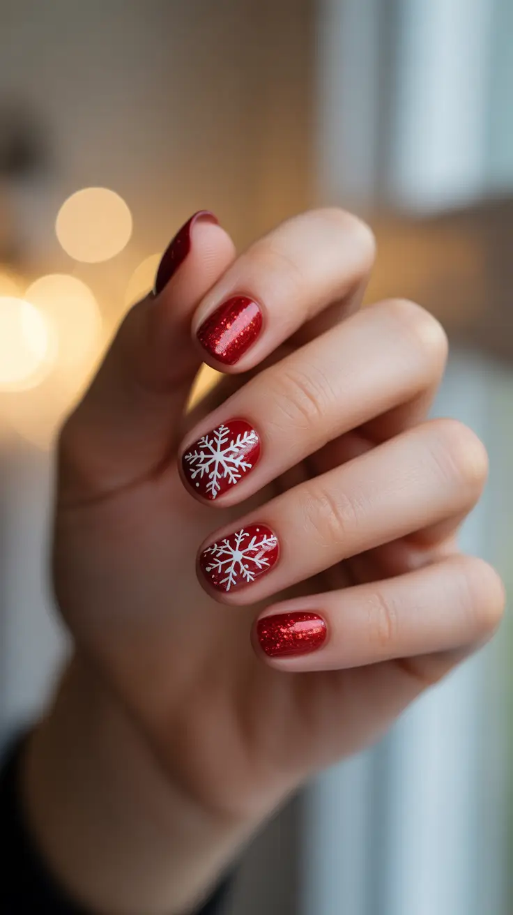 Winter 2025-2026: Short Gel Nails Color and Design - Classic Red With Holiday Snowflakes and Micro-Glitter