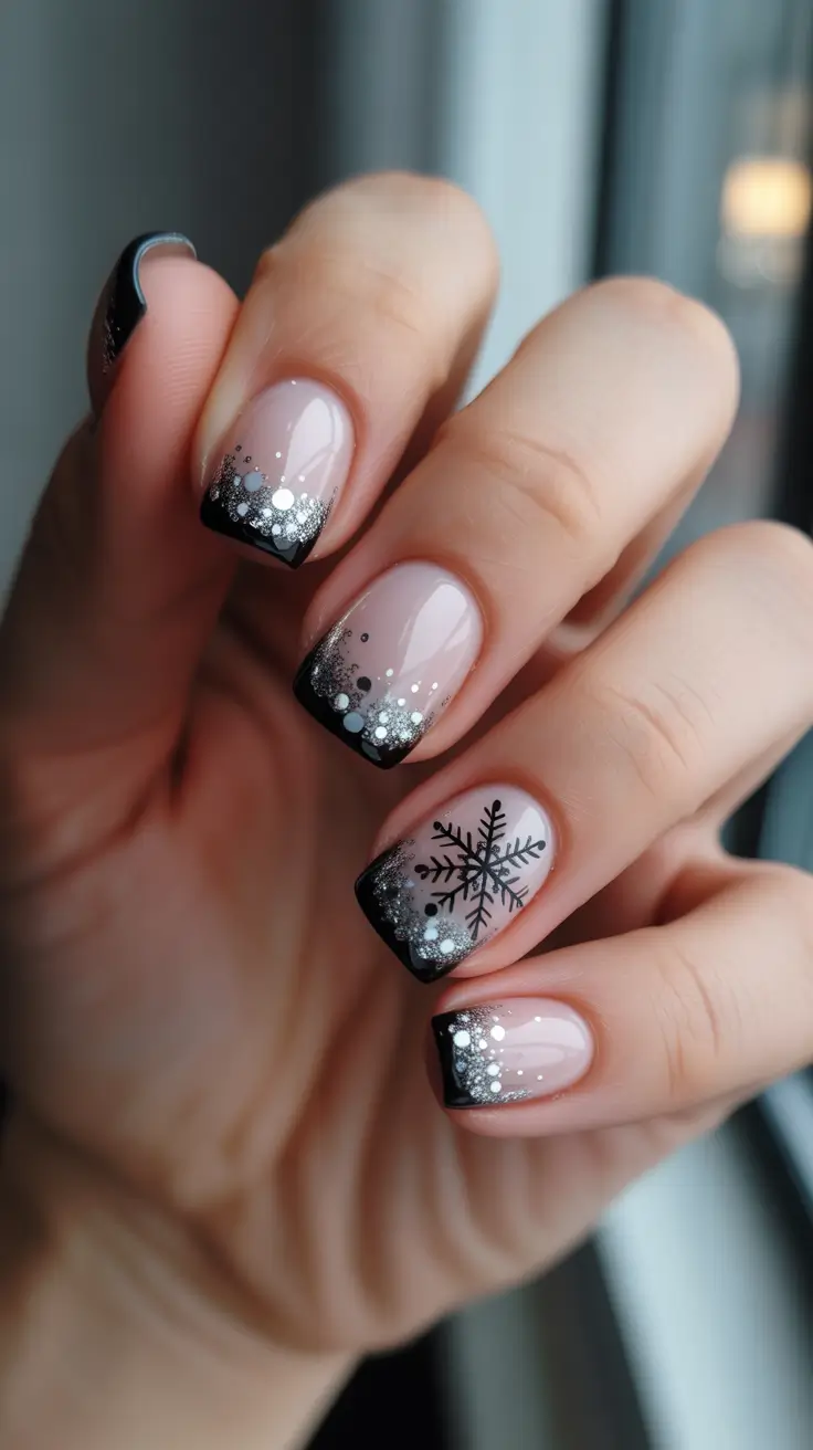 Winter 2025-2026 Short Gel Nails Color and Design - Black Snow-Glazed French With Frosted Tips