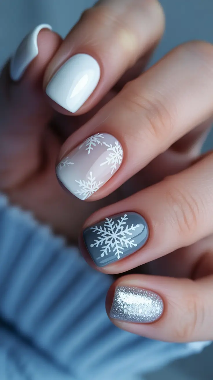 Winter 2025-2026 Short Gel Nails Color and Design - Cloud-Soft Snowflakes in White, Slate, and Silver