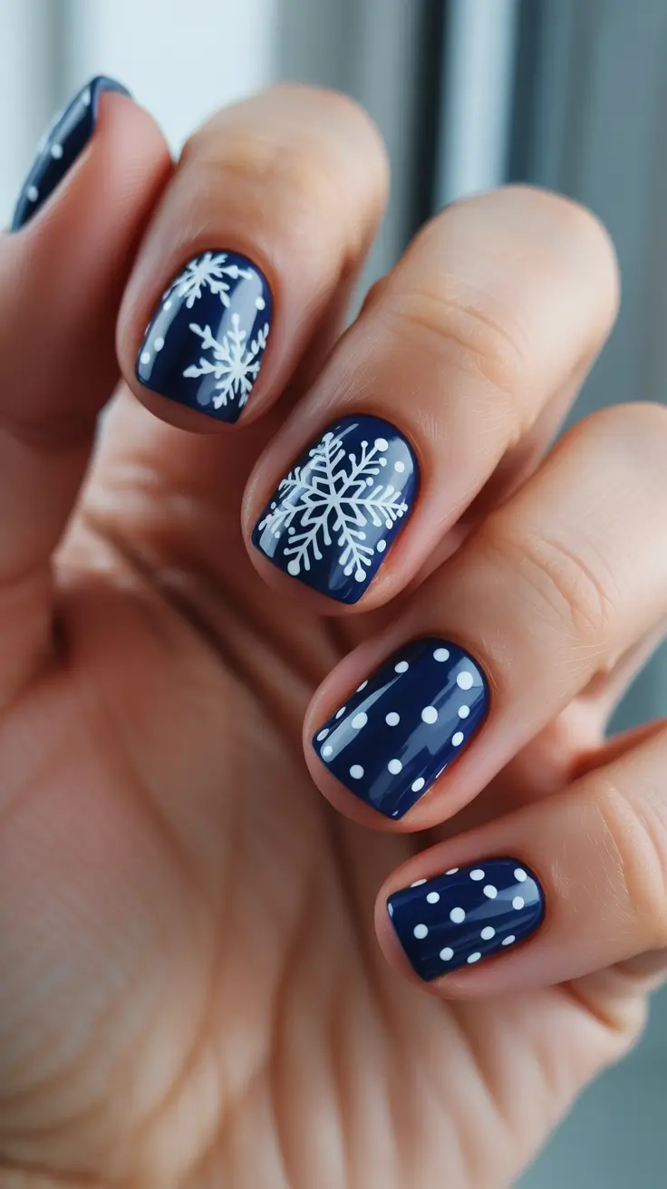 Winter 2025-2026 Short Gel Nails Color and Design - Midnight Navy Snowfall Dots