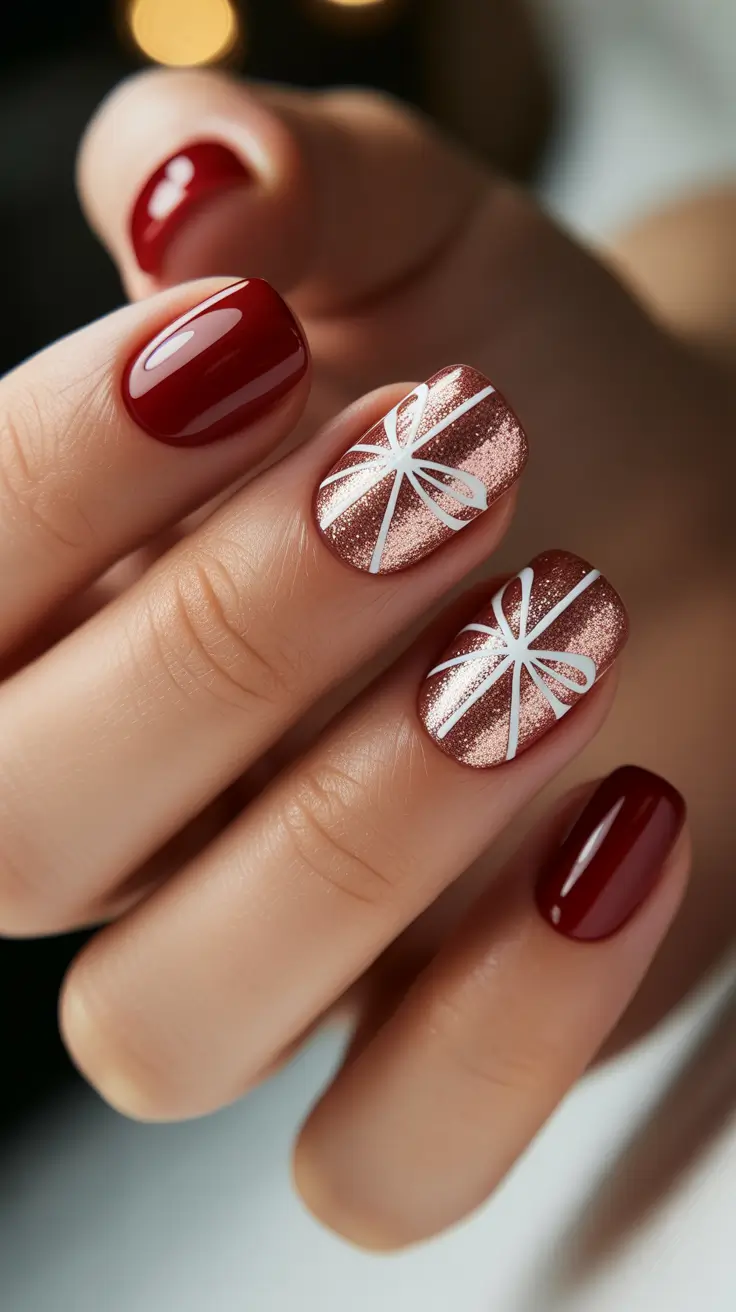 Winter 2025-2026 Short Gel Nails Color and Design - Gift-Wrap Bows on Rose-Gold and Deep Cherry
