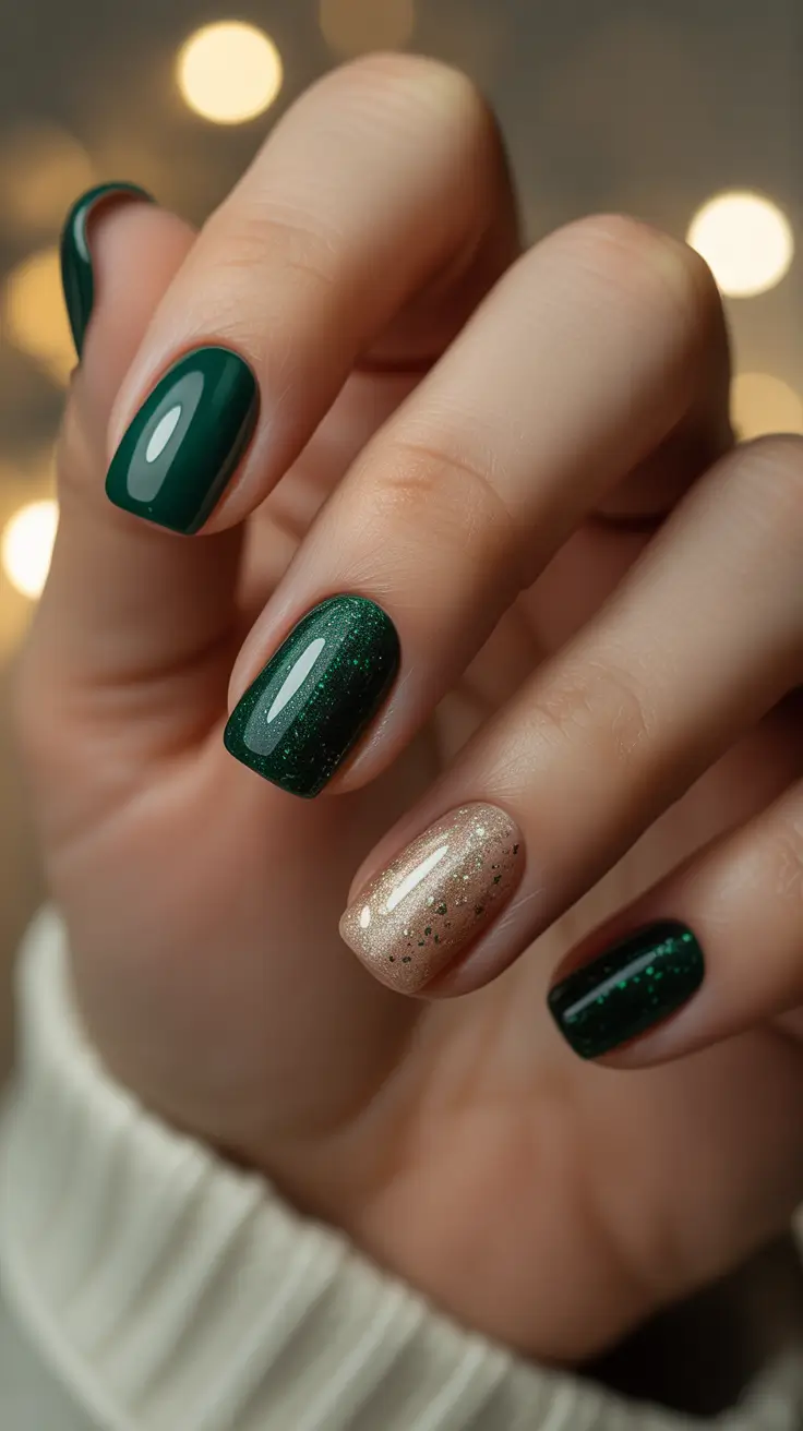 Stylish Short Nails Winter 2025-2026 – Emerald Velvet With Champagne Accent