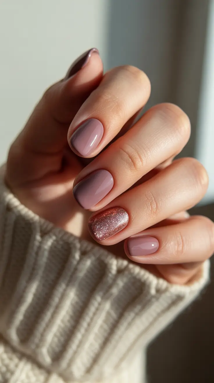 Stylish Short Nails Winter 2025–2026 - Rosy Cocoa With Champagne Sparkle