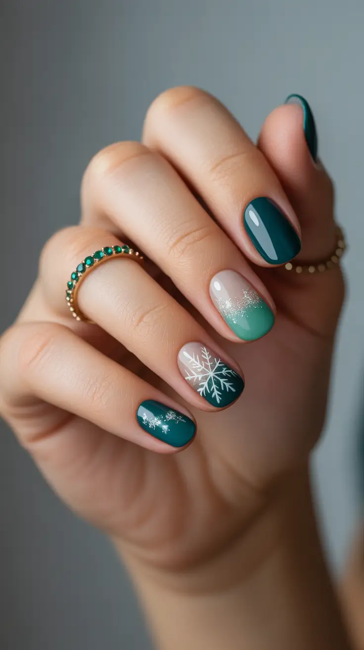 Stylish Short Nails Winter 2025-2026 - Evergreen Glow With Frosted Tips