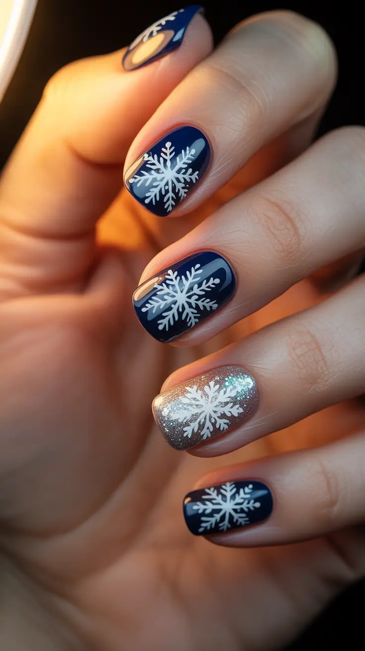 Stylish Short Nails Winter 2025–2026 - Accent Snowflakes on Dark Navy with Sparkle on the Ring Finger