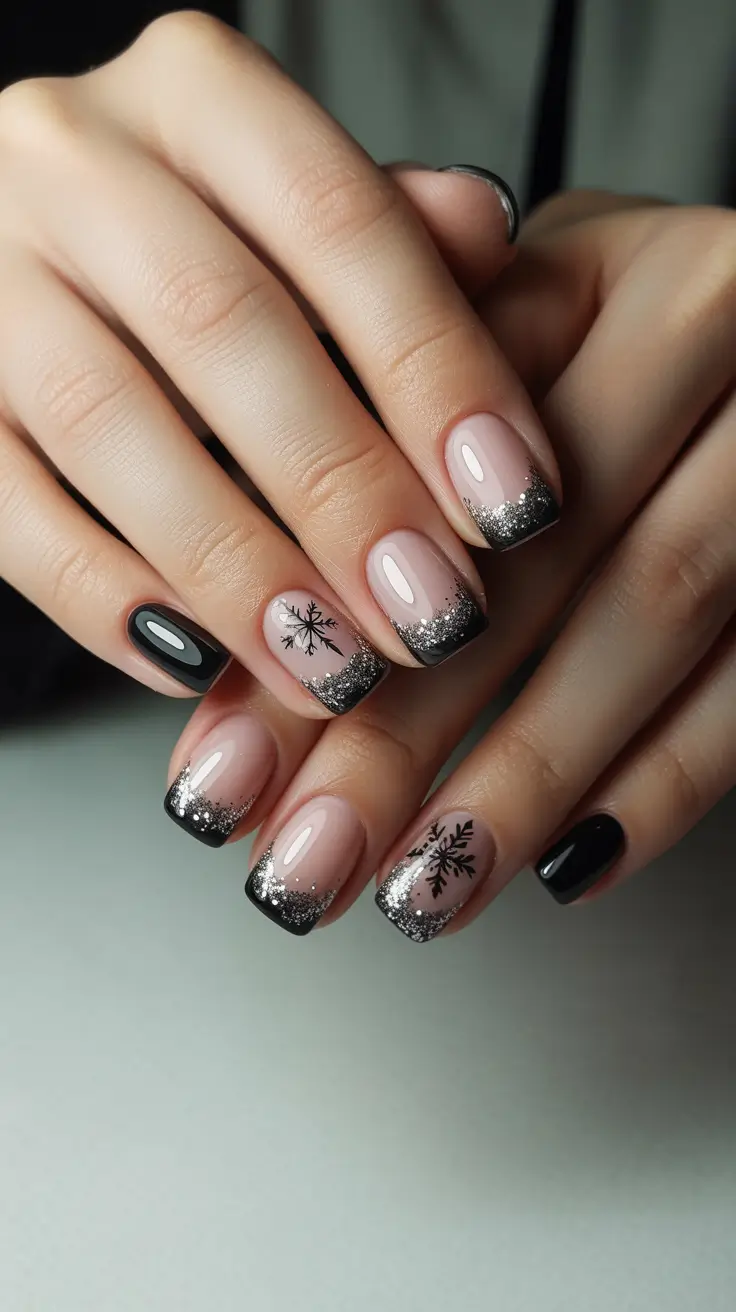Stylish Short Nails Winter 2025–2026 - Black-Silver Party French