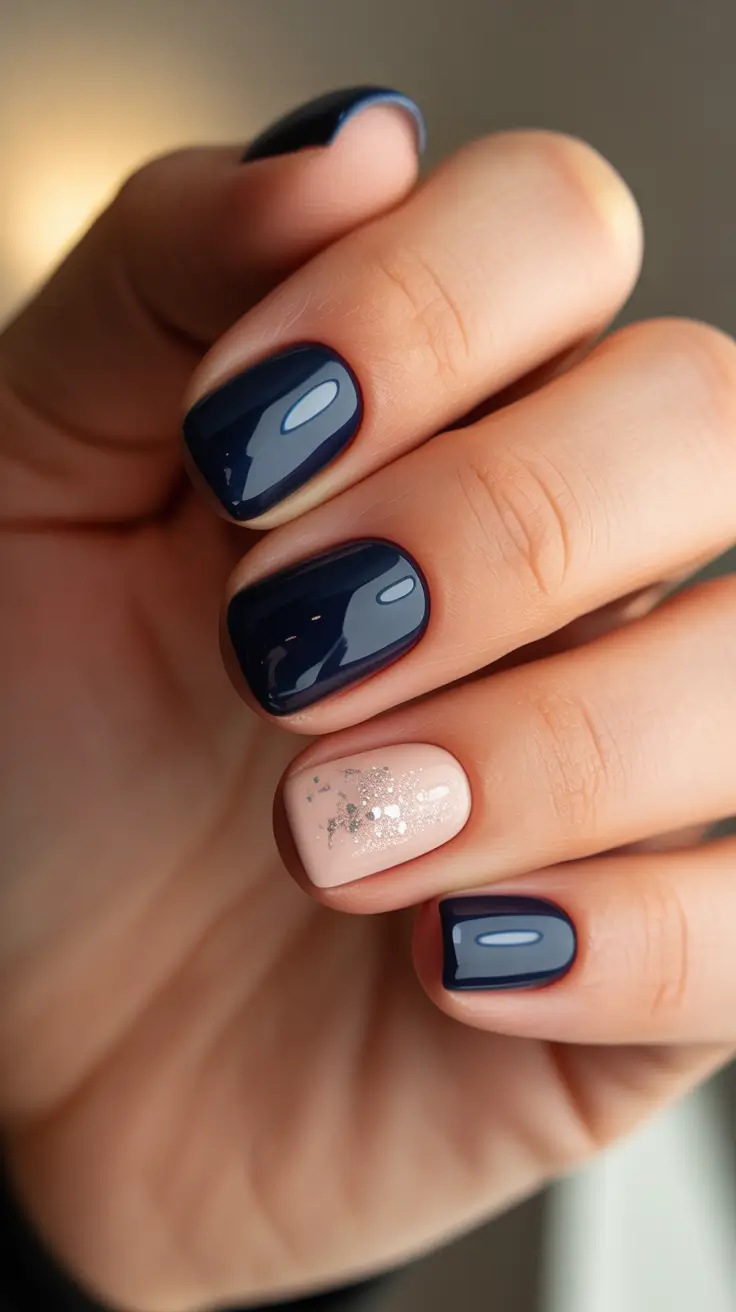 Stylish Short Nails Winter 2025–2026 - Navy Cream With Nude Sparkle Accent