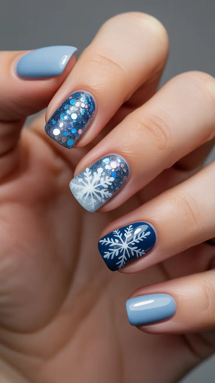 Stylish Short Nails Winter 2025–2026 - Midnight Snowflakes On Icy Blue
