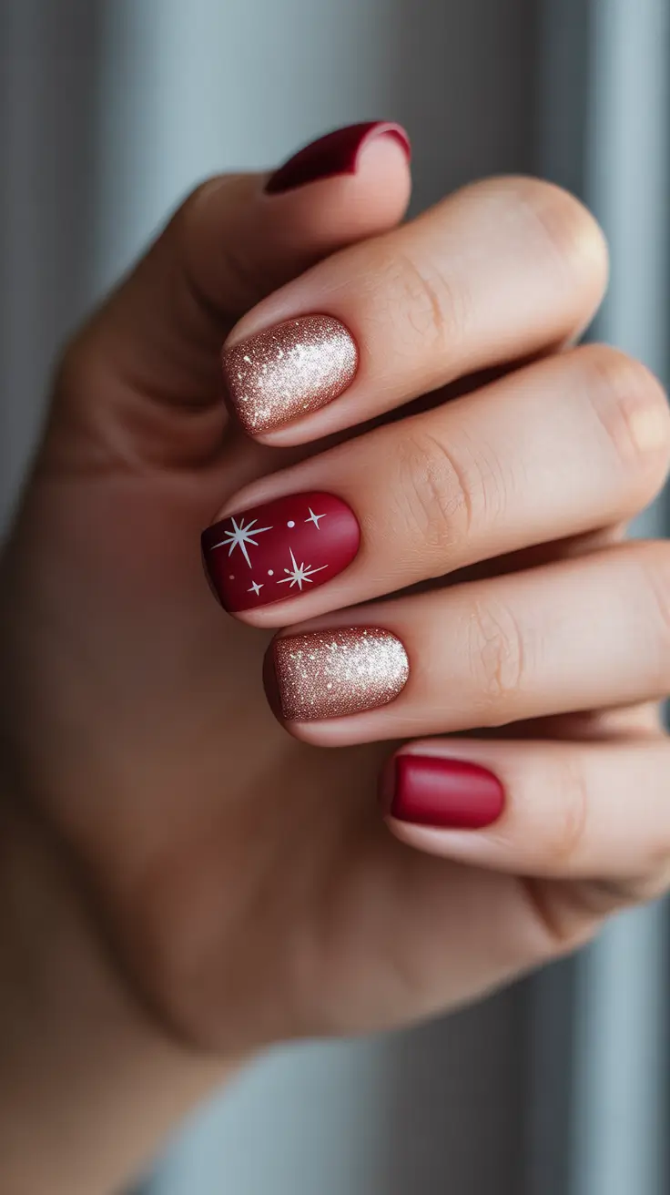 Stylish Short Nails Winter 2025–2026 - Matte Cranberry With Stardust