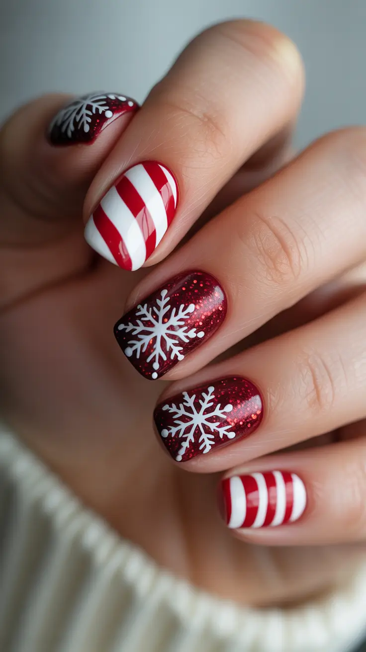 Stylish Short Nails Winter 2025–2026 - Candy-Stripe Snowflakes in Ruby