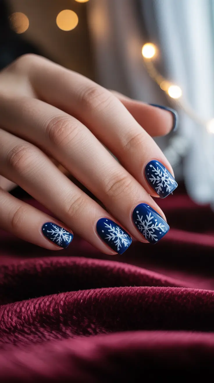Stylish Short Nails Winter 2025–2026 - Midnight Blue Snowflake Minis