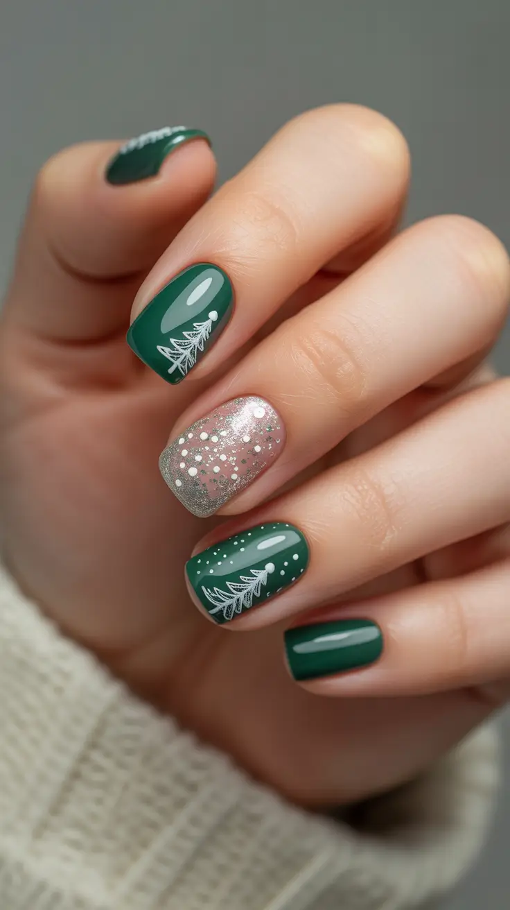Stylish Short Nails Winter 2025–2026 - Evergreen Forest With Sparkle