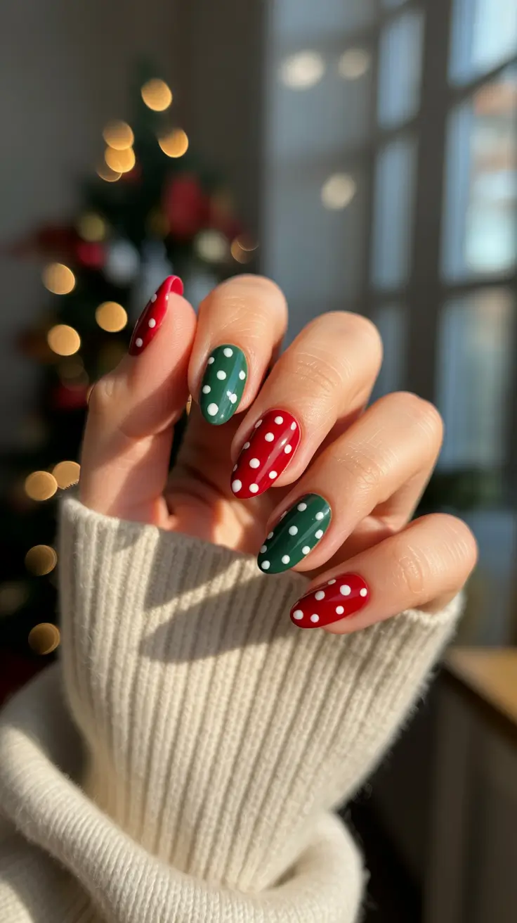 Trendy Simple Christmas Nails 2025 - Candy-Dot Mix in Holly Red and Evergreen