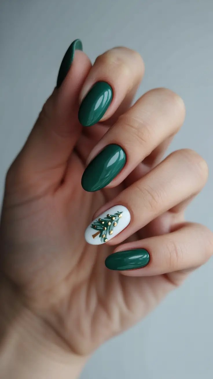 Trendy Simple Christmas Nails 2025 - Forest Green Almond With Tiny Tree Accent