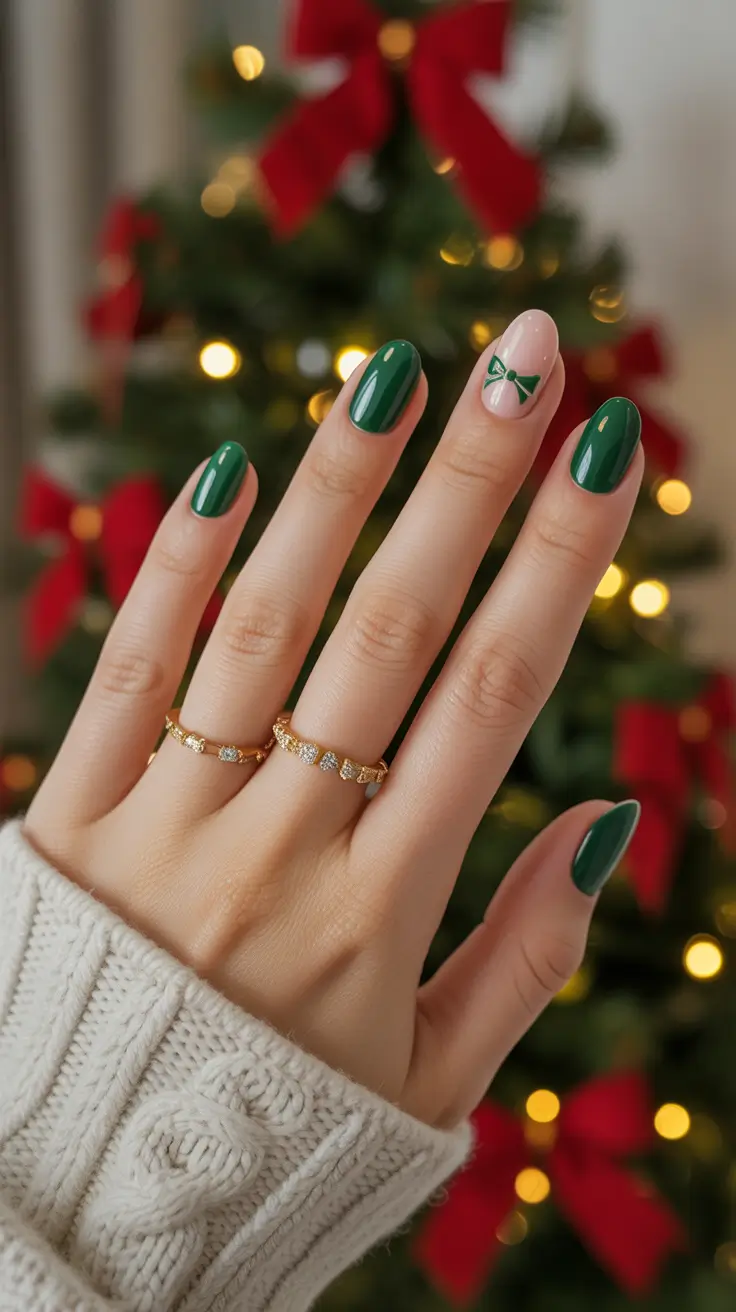 Trendy Simple Christmas Nails 2025 - Emerald Gift Bow Accent on Sheer Nude
