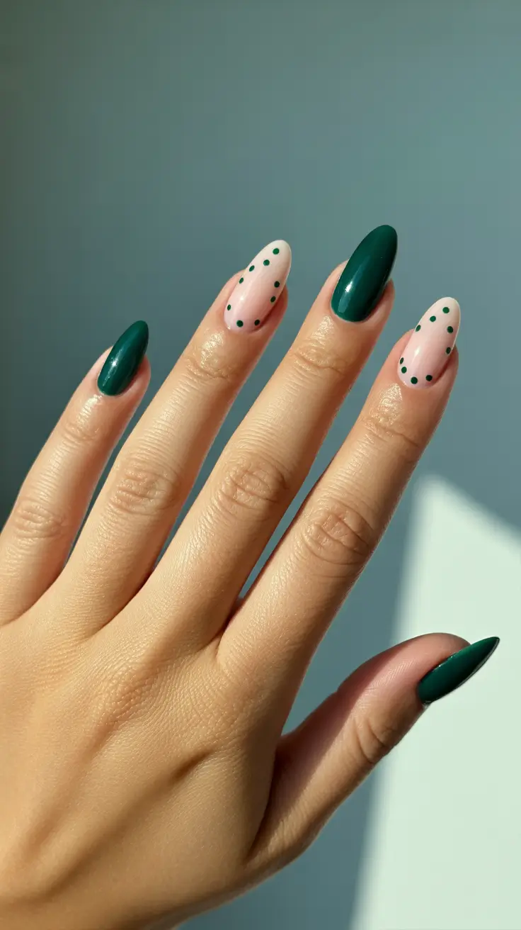 Trendy Simple Christmas Nails 2025 - Evergreen Dots on Blush Neutral