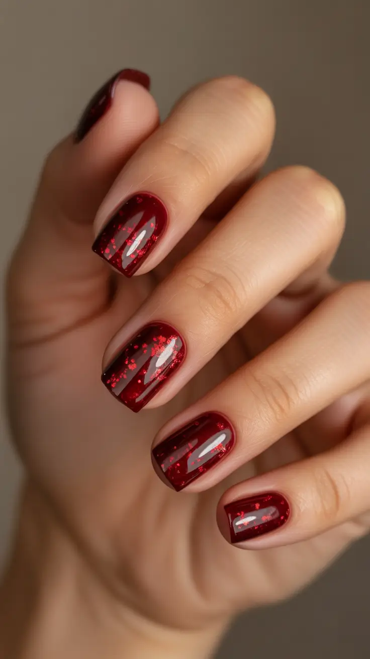 Trendy Simple Christmas Nails 2025 - Cherry-Wine Sparkle on Clean Square