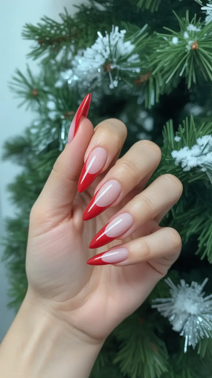 Trendy Simple Christmas Nails 2025 - Red Flame French on Sheer Pink