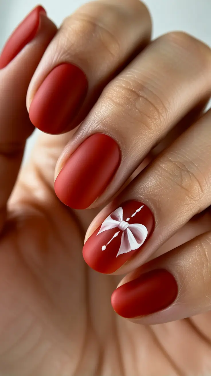Trendy Simple Christmas Nails 2025 - Velvet-Matte Cranberry with White Bow
