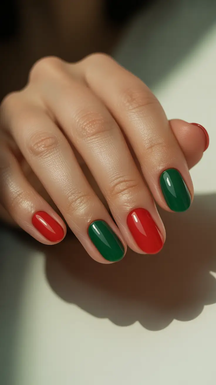 Trendy Simple Christmas Nails 2025 - Minimal Holiday Mix in Red and Evergreen