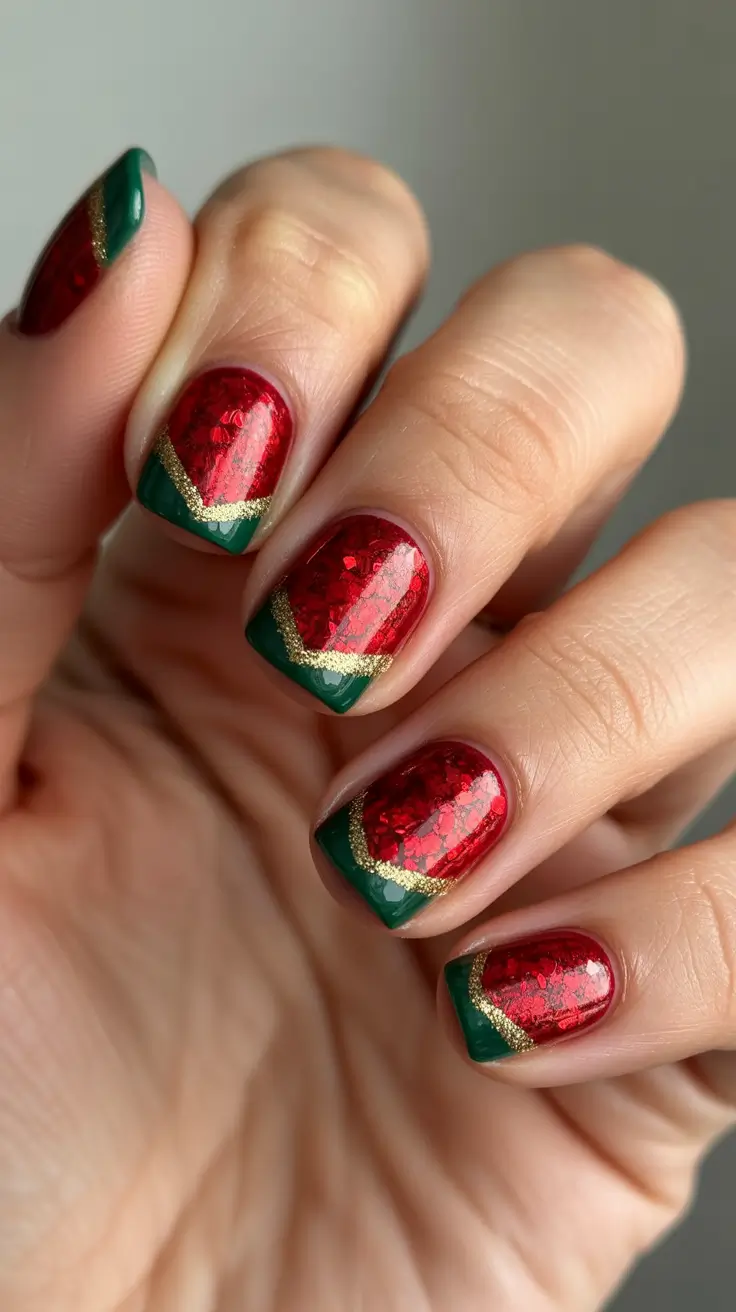 Trendy Simple Christmas Nails 2025 - Foiled Ribbon Tips with Gold Trim