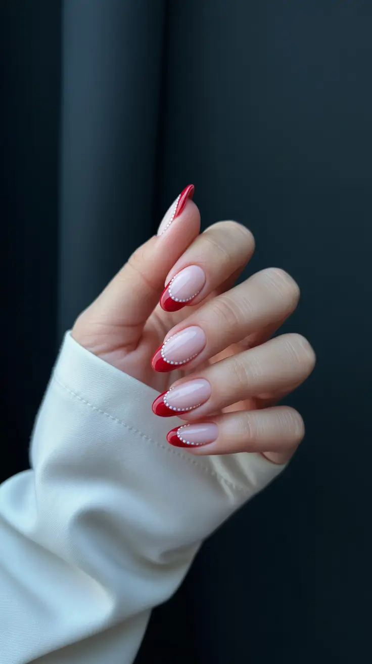 Trendy Simple Christmas Nails 2025 - Cherry French with Snow-Dot Tracing