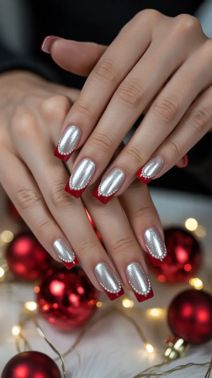 Trendy Simple Christmas Nails 2025 - Silver Chrome with Beaded Cranberry Tips