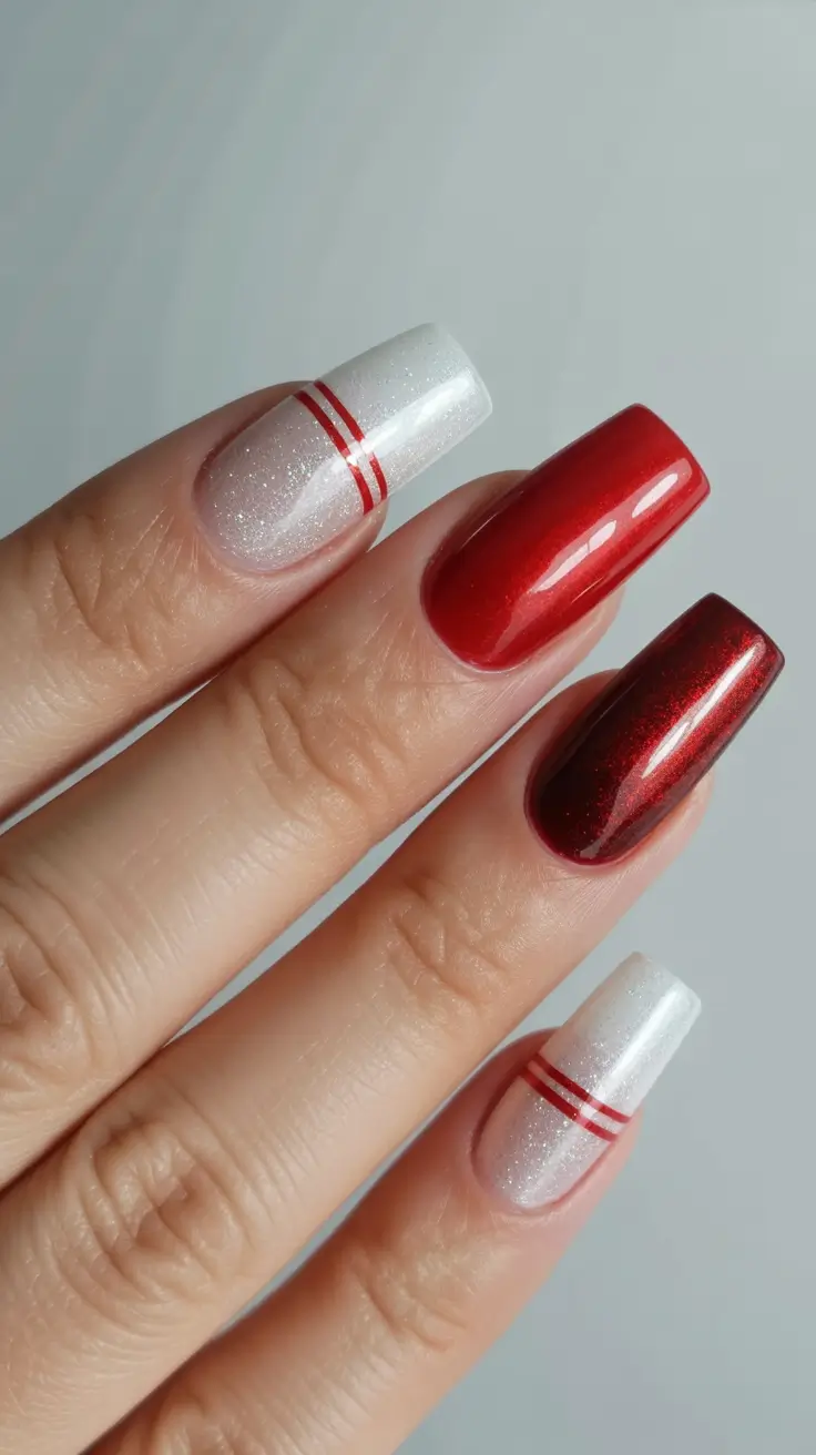 Trendy Simple Christmas Nails 2025 - Snow-Glow Neutrals with Candy-Stripe Lines