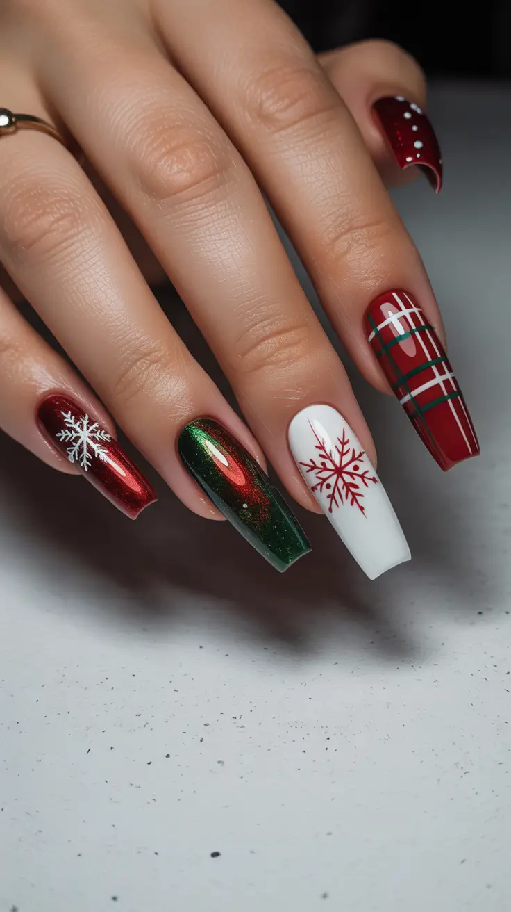 Trendy Simple Christmas Nails 2025 - Holiday Coffin Mix - Snowflakes, Plaid, and Cat-Eye