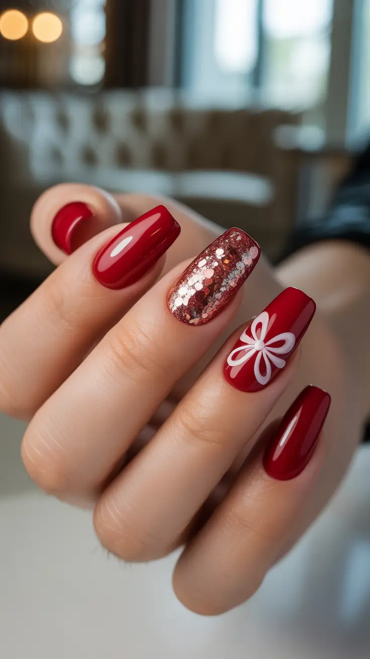 Trendy Simple Christmas Nails 2025 - Ribbon Bow Accent on Cranberry Shine