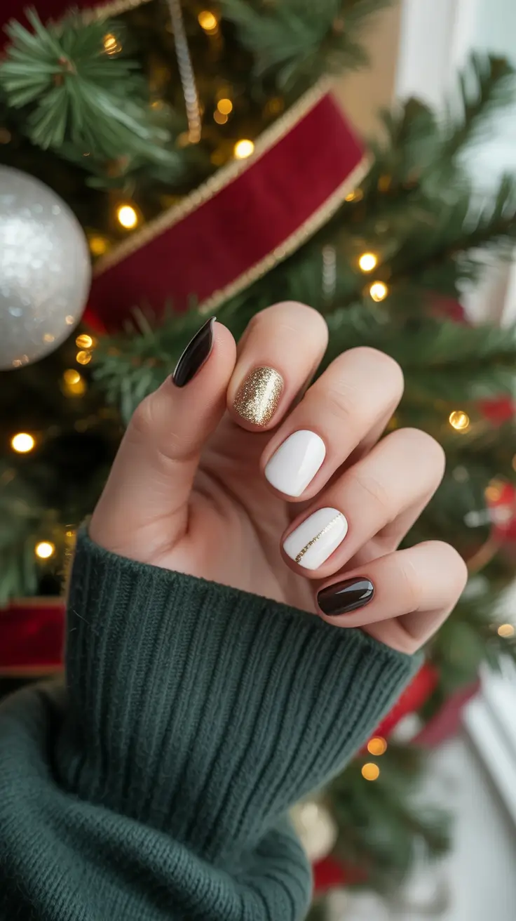 Trendy Simple Christmas Nails 2025 - Black, White, and Gold Minimal Mix